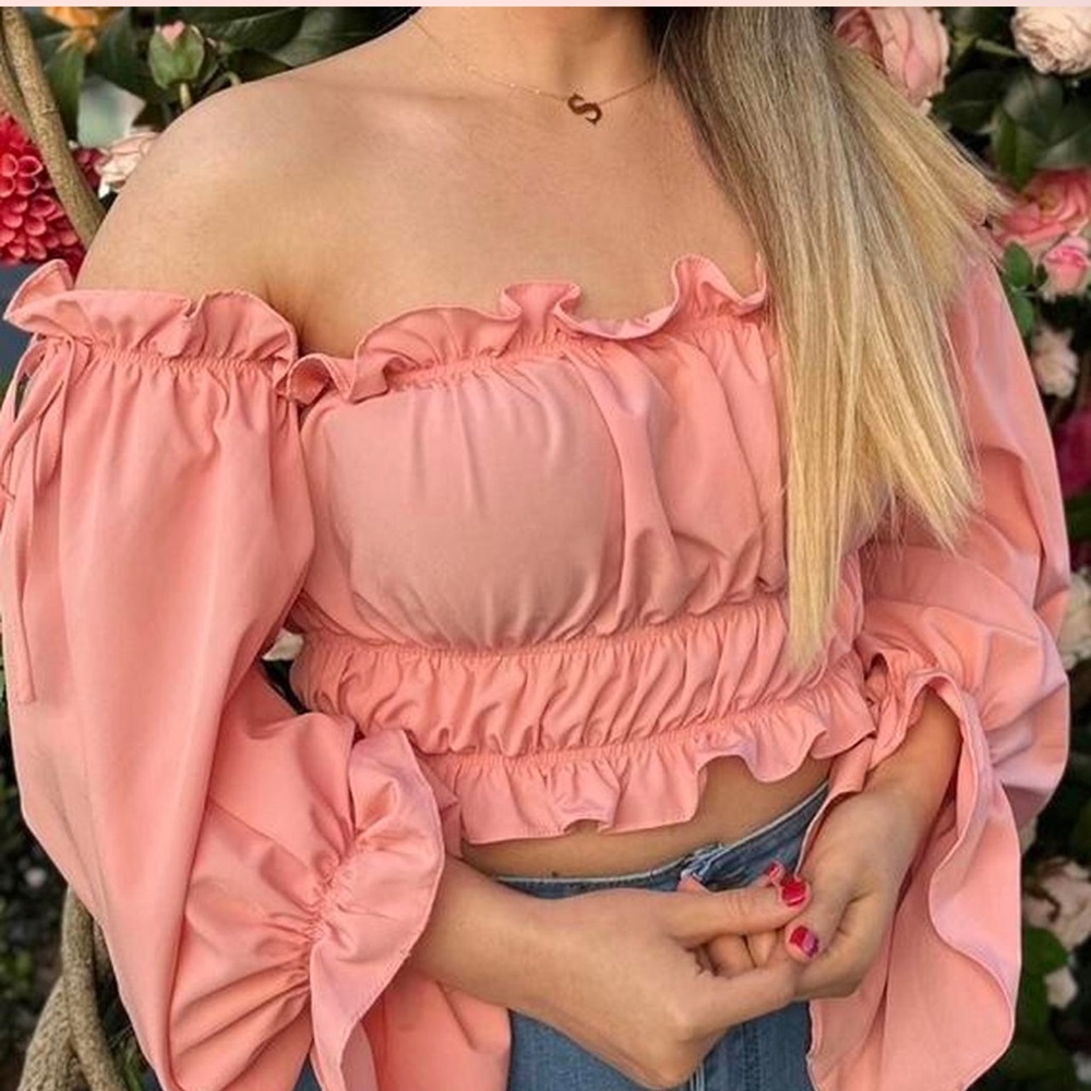 Off-Shoulder Pink Ruffle Crop Top